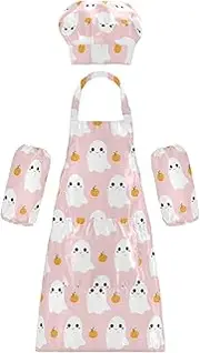 AIXIWAWA Kids Apron Chef Hat Set, Child Kitchen Bib Aprons Adjustable for Cooking Baking Painting (Cute Halloween Ghost)