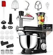 Stand Mixer,8L Electric Kitchen Mixer with with LED Display,6 Speed Tilt-Head with Stainless Steel Bowl, 1.5L Glass Jar, Meat Grinder, Dough Hook, Whisk, Pasta Attachment(Black)