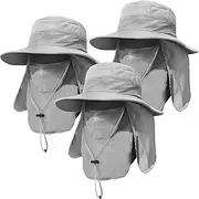 [SOLFEJ] 3 Pack Mens Outdoor Wide Brim Fishing Hat,UPF 50+ Sun Protection Cap with Face Neck Flap for Hiking & Garden