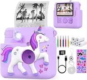 [FUNKAM] Children's Camera Instant Camera with Printing Paper, Unicorn Case & 32GB TF Card, Digital Camera Children with Colourful Pens Gift (Purple)