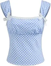[Yiulangde] Womens Square Neck Gingham Camisole Summer Spaghetti Strap Backless Cami Shirt Y2k Peplum Babydoll Crop Tank Tops