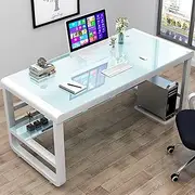 Simple Writing Table with Tempered Glass Top and Storage Shelves for PC Laptop Gaming White (80x60x75cm)