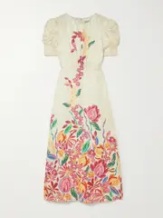 [Saloni] Saloni - Bianca Printed Silk-jacquard Midi Dress - Cream - UK 16 UK 16 Cream