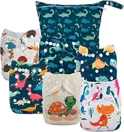 Babygoal Cloth Diaper Covers 6 Pack with Wet Bag for Fitted Diapers and Prefolds with Double Gussets, Adjustable and Reusable for Baby Boys 6DCF14-B