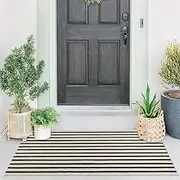 Jabykare Front Door Mat Outdoor Cotton Handwoven Farmhouse Layered Door Mat Washable Striped Porch Rug Carpet Mat for Entrance Kitchen Laundry Bedroom(Black and Beige, 90x150 cm)