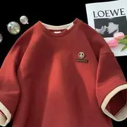 Mock Two-Piece Short-Sleeve Crew Neck Two-Tone Smiley Face T-Shirt Red - L
