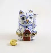 New French Limoges Trinket Box Japanese Lucky Cat Maneki Neko Rem Fortune Cookie