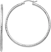 [JewelryWeb] 10k White Gold Sparkle Cut 2mm Round Tube Hoop Earrings 45mm Long 2mm Thick-Hoop Earring for Women