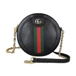 【GUCCI 古馳】GUCCI金屬LOGO綠紅綠織帶牛皮鏈帶拉鍊斜背圓型包(黑)