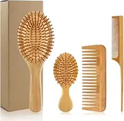 Heatunk Eco-Friendly Hair Brush Comb Set - Anti-Static Detangling for Women and Men - Tail Comb, Tooth Comb, Large & Mini Wooden Massage Brushes for All Hair Types