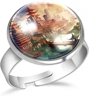 [FVQL] Adjustable Ring for Girls, Art Painting Architecture Abstract, 1.7cm/0.67inch, Glass, glass