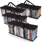 DVD Storage Bag, Waterproof DVD Storage Bag with Carrying Strap, Clear PVC Media Storage for DVDs, CDs, Video Games, Books, Black (4 Pack)
