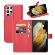 For Samsung Galaxy S22 Ultra 5G Case, PU Leather Folio Wallet Lychee Cover, Red