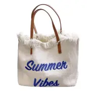 Women Large Beach Canvas Tote Bag Summer Vibes Beach Bag Big Capacity Tassel ...