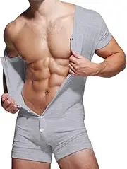 [Muscle Alive] Men's Underwear Short Sleeve Romper Jumpsuit Henley Jumpsuit Stretchy Cotton Ramper, gray, Large