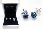 New PANDORA 925 Sparkling White Blue Cubic Zirconia Crown Stud Earrings 298311CZ