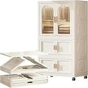 Portable Folding Closet Wardrobe, Collapsible Clothes Cabinet with Hanging Rod, Closet Organizers and Storage with Magnetic Door, Wheels and 10 Hangers (1 Wardrobe +2 Folding Boxes)