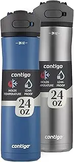 Contigo Ashland Chill 2.0 Water Bottle with AUTOSPOUT Lid | Stainless Steel Water Bottle, 24 oz., 2-Pack, Blue Corn and Stainless Steel with Licorice Lid, Blue and Silver, 24 Ounce