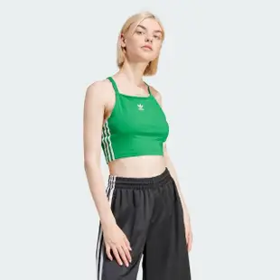 【adidas 愛迪達】背心 女款 運動背心 慢跑 三葉草 3 S CROP TOP 綠 IN8380