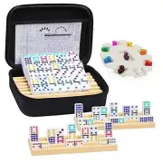 Mexican Train Dominoes Set with 4 Wooden Trays/Racks, Double Dot with 4 Racks
