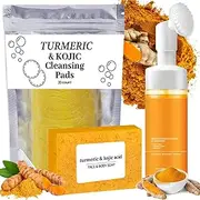 Turmeric Wash and Care 3 Piece Set, Turmeric Face Wash with Brush, Lemon Face Bar, Scrub Pads, Facial Cleansing Skincare Set
