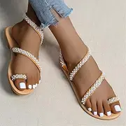 [SWTKO] Women's Flip Flops Sandals Ladies Summer Flats Open Toe Sandals Gladiator Bohemian Pearl Slip on Dress Shoes Outdoor Comfy Beach Walking Shoes,Brown,US10/EU41