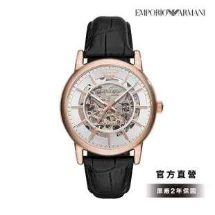 【EMPORIO ARMANI 官方直營】Luigi 質感鏤空機械錶 黑色真皮錶帶 手錶 43MM AR60007