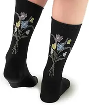 [intype socks] Women's Back Floral Pattern Cotton Crew Socks Korean Made 2Colors Pack of 4Pairs, White Black, One Size
