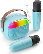 Kids Karaoke Machine, Adult Karaoke Machine with 2 Wireless Microphones, Portable Bluetooth Speaker Gift with Colorful Lights for Boys Girls Toy Family Train Dance Guide Party (Blue)