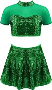 [Yhong] Kids Girls Backless 2 Pcs Dress Suit Crop Ruffled Skirt Short Sleeve Shirt Top Solid Color Dance Clothes