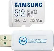 Samsung MicroSDXC 512GB EVO Plus SD Card Works with GoPro Hero 12 Action Cam (MB-MC512KA) C10 U3 A2 4K Bundle with (1) Everything But Stromboli MicroSD Card Reader