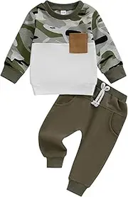 [MAHUAOYIXI] 2Pcs Toddler Boys Outfits Long Sleeve Camouflage Top Sweatshirts with Elastic Waist Drawstring Pants Tracksuit Set for Baby Boys Clothes, White, 12-18 Months