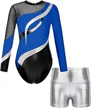 [FEESHOW] Kids Girls Gymnastics Clothes Set Long Sleeve Leotards with Shorts Unitards Sport Dancewear