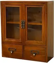Solid Wood Counter Top Display Case with Glass Door Kitchen Cabinet with Drawers and Spice Storage Box Apothecary Cabinet for Cosmetics and Medicines (Natural Wood)