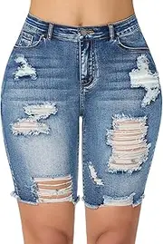 [roswear] Women's High Waisted Ripped Bermuda Denim Shorts Stretchy Knee Length Jean Shorts