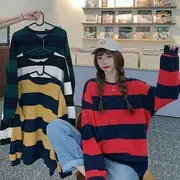 Round Neck Striped Sweatshirt Stripe - Green - L