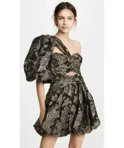 NWT Thurley Jacquard Lantern Mini Dress One Shoulder Bubble Hem Puff Sleeve