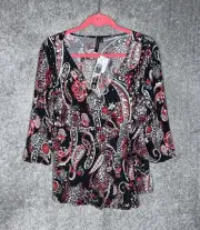 Susan Lawrence Top Womens Size XL Black Red Paisley Floral Sparkle Stretch