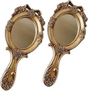 QUMIIRITY 2pcs Vintage Makeup Compact Mirror Retro Handheld Handle Mirror with Embossed Design for Women Travel Party