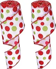 Tatuo 2 Rolls Christmas Wired Ribbon Christmas Glitter Burlap Ribbon Green Red Polka Dot Ribbon Christmas Tree Decoration DIY Craft Bows Wreath(White Base, 2.5 Inch x 6 Yard Per Roll)