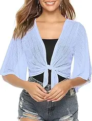 iClosam Women Tie Front Chiffon Shrug Short Sleeve Cropped Sheer Bolero Shrug Cardigan