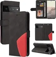 Ttianfa Case Compatible for Google Pixel 6 pro Wallet Flip case,[3 Card Slot] [Magnetic][Stand] Stitching Two-Color Strap PU Leather 360° Shockproof Flip Folio 2& Tempered Screen Protector,Black