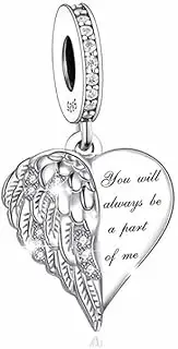 [Mon & Sons] You Will Always Be A Part Of Me Guardian Angel Wing Memorial Charm Bead Pendant 925 Sterling Silver Dangle Compatible With Pandora Charm Bracelet, Metal
