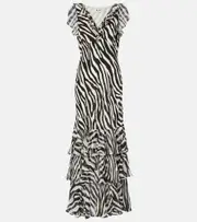[Rixo] Rixo Amelle zebra-print ruffled silk maxi dress AU 10 black