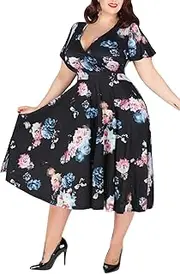 [Nemidor] Women's V-Neckline Stretchy Casual Midi Plus Size Bridesmaid Dress (28, Black+Rose)