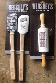 Hershey's Set Of 2 Silicone Spatulas & MINI Rolling Pin 6" Wood Handle NEW Set