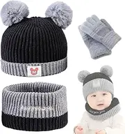 [BSITSSS] 3 Pieces Kids Winter Warm Beanie Hat Scarf Gloves Set, Thermal Knit Crochet Thick Toddler Cap Knitted Pom Bobble Hat Neck Warmer Gloves Set for Girls Boys Children Aged 1-3, Gray, 3pcs, 1-3