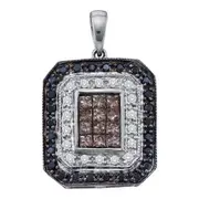 14k White Gold Black Brown Diamond Rectangle Cluster Pendant 3/4 Cttw