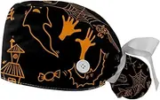 [WOSHJIUK] Working Hat 2 Pack Scrub Caps for Women,Halloween Theme Pattern,Tie Back Cap Adjustable Scrub Hat