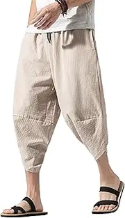 [Generic] Men Stripe Harem Cropped Trousers Classic Comfy Wide-Leg Lantern Pants Fall Loose Fashion Pegtopped Trouser